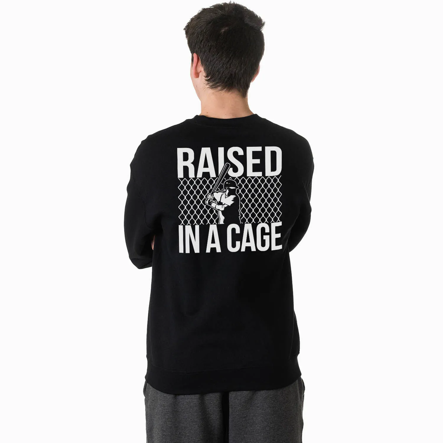 Baseball Crewneck Sweatshirt - Raised in a Cage (Back Design) 